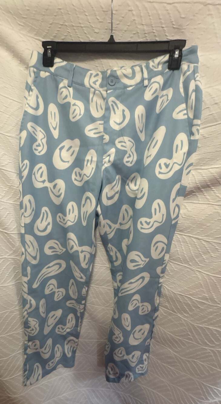 Bailey Rose Psychedelic Smiley Blue and Cream Straight Leg Pants